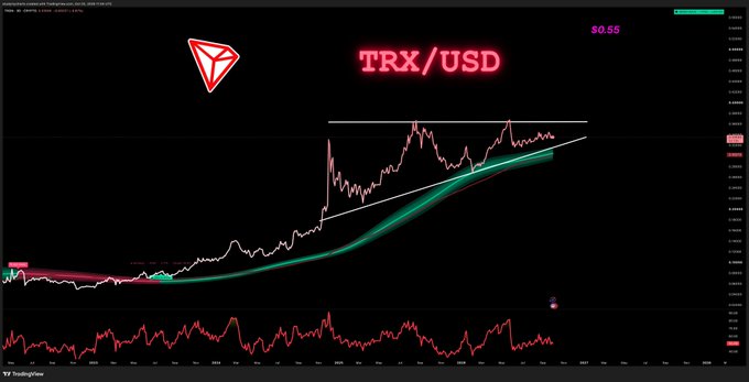 A TradingView chart displays the TRX/USD pair with a current price of $0.55, featuring technical analysis lines (green support, red resistance, and a white ascending trendline) pointing toward an upward breakout, visually supporting the post's bullish prediction that TRX will reach 55 cents.