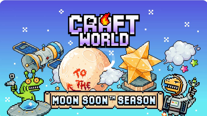 A pixel art banner for 'Craft World' advertises 'To the Moon Soon™ Season' featuring a green alien, astronaut, moon, star, and satellite against a starry blue background.