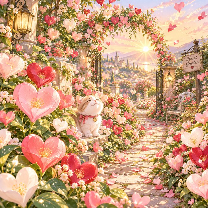 A whimsical digital illustration of a smiling white kitten wearing a pink heart collar in a romantic garden overflowing with pink heart-shaped flowers, with a stone archway leading to a distant castle and a sign reading 'Heart Garden'.