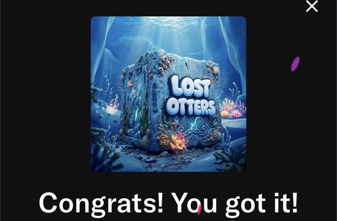 A game notification screen showing an underwater cube artwork labeled 'LOST OTTERS' with the text 'Congrats! You got it!'