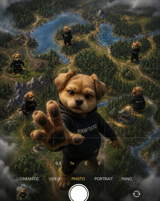 A phone camera interface shows an AI-generated image of a small dog wearing a "PAWTATO" hoodie reaching its paw toward the camera, with smaller versions of the same dog scattered across a landscape background.