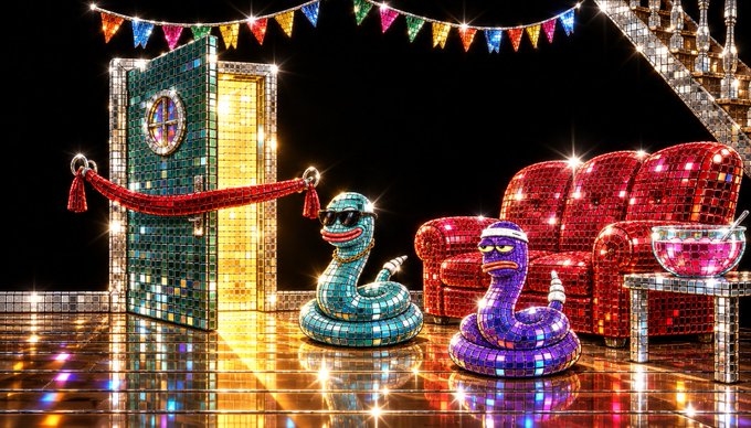 A flashy, disco-themed digital artwork showing a teal snake character with sunglasses and a purple snake character with a beanie, posed on a reflective dance floor with a disco ball, mirrored door, red sequined couches, and colorful bunting overhead.