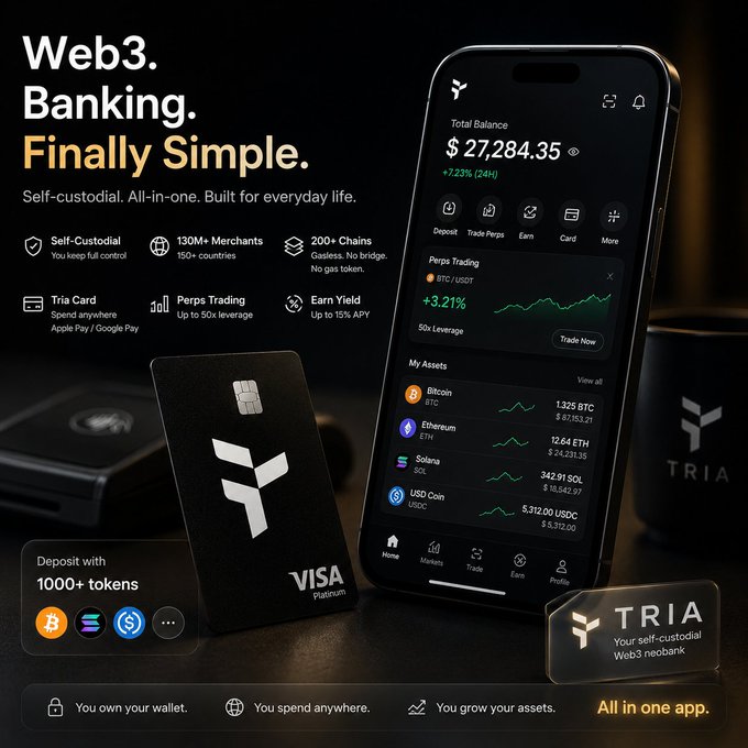 Advertisement for the 'TRIA' app with the tagline 'Web3. Banking. Finally Simple.' showing a self-custodial crypto banking app, Visa Platinum card, and 130M+ merchants.