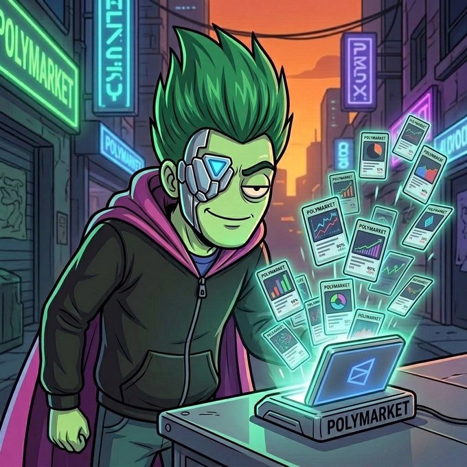 Cartoon-style illustration of a green-haired cyborg character with a pink cape using a laptop labeled 'POLYMARKET,' floating holographic data cards in a cyberpunk city setting.