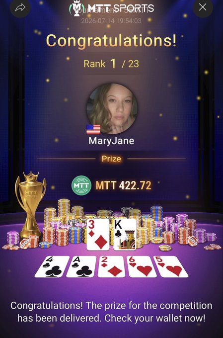 A screenshot from MTT Sports shows user MaryJane winning Rank 1/23 in a competition and receiving a prize of MTT 422.72, fitting the "#1" post.
