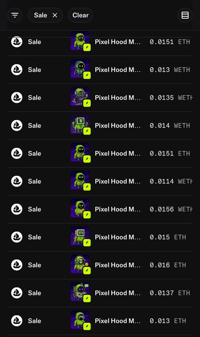 A dark-themed NFT marketplace listing showing multiple "Pixel Hood M..." items for sale at prices ranging from 0.0114 to 0.016 WETH/ETH.