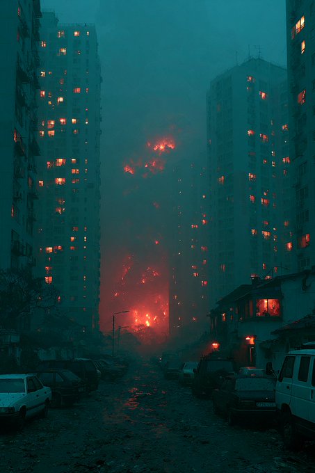 A dark, moody scene of tall apartment buildings with glowing red-orange lights in their windows, with cars parked along a wet street below.
