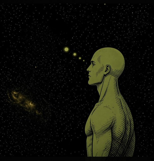 A digital illustration of a bald humanoid figure rendered in green and black hatching, shown in profile looking at glowing orbs and a distant galaxy against a starry night sky background.