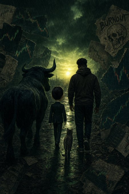 A dark, moody digital artwork showing a man, child, and dog walking alongside a large bull through a post-apocalyptic landscape with financial charts and a skull banner reading 'BURNOUT'.