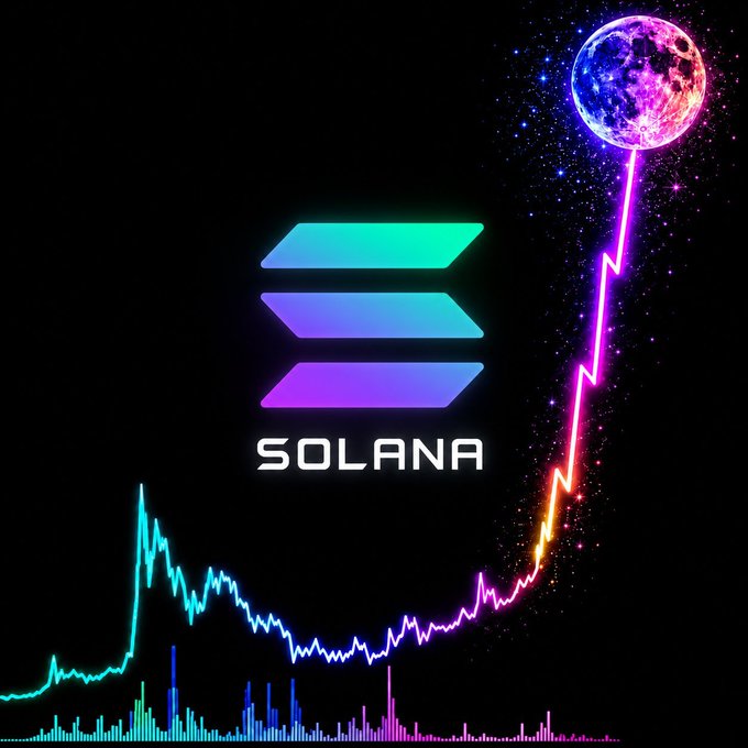 In the image, a blue line with different shades of colors running through it represents the cryptocurrency "Solana", which has been rising up the charts with double-time gains over several days. The word "Solana" is written above this line in white capital letters and is surrounded by an explosion of bright neon colors depicting a rocket ship going upward, symbolizing the growth of Solana's value as seen in the image.