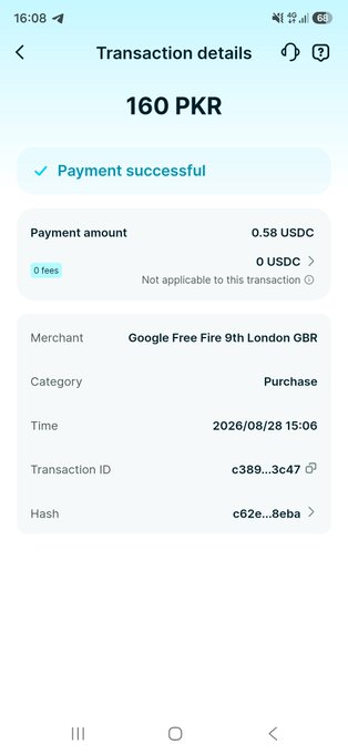 A smartphone screenshot of a successful transaction for 160 PKR (0.58 USDC) for 'Google Free Fire 9th London GBR' on 2026/08/28.