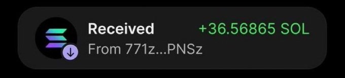 The image shows a transaction confirmation of receiving +36.56865 SOL from an address starting with "771z...PNSz," appearing to be a crypto wallet notification. This visual serves as proof of a generous SOL giveaway, directly supporting the post's announcement of blessing someone with cryptocurrency.