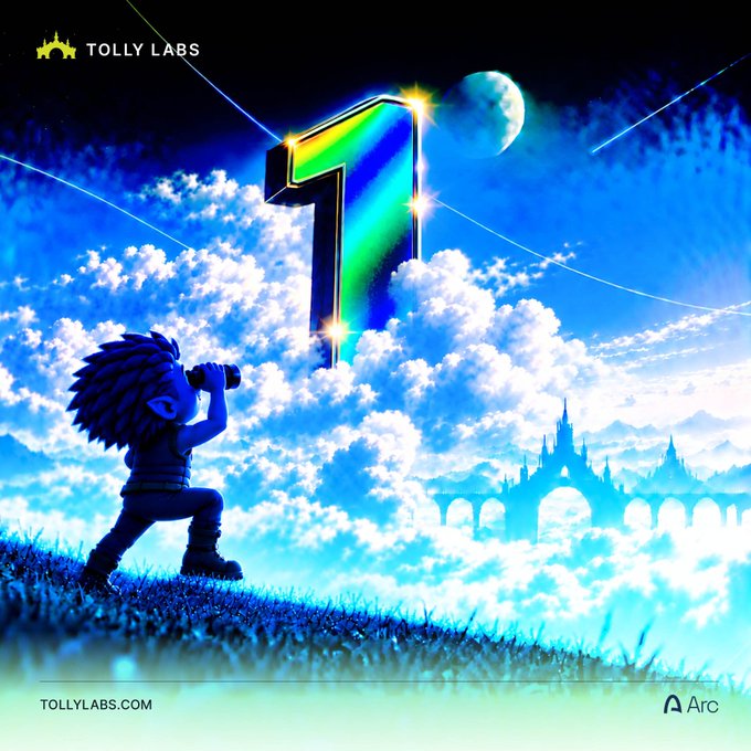A young boy with binoculars gazes up at a massive glowing "1" hovering above clouds, with a castle in the distance—visually emphasizing "1 day until Arc public mainnet," as noted by the Tolly Labs logo and "Built on Arc" branding, symbolizing anticipation for the upcoming launch.