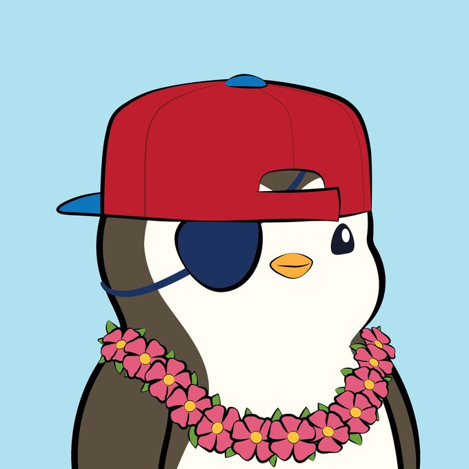 A cute cartoon penguin wearing a red backwards baseball cap, a blue eye patch over its right eye, and a pink flower lei around its neck, set against a light blue background.