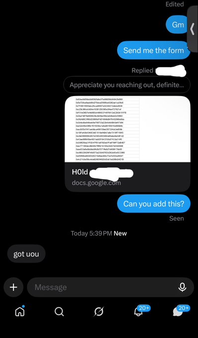 A direct message conversation showing an edited message "Gm," a request "Send me the form," a reply with a Google Docs link, and a follow-up "Can you add this?" followed by "got you." The exchange supports the post's claim about using a voodoo-like tactic—sharing collected wallets in a Google Doc—to prompt a previously unresponsive developer into replying quickly.