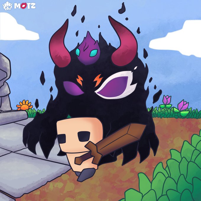 A menacing horned character with glowing eyes wields a sword and skull in a vibrant cartoon landscape, representing the action RPG "Calamity" on the Ronin Network. The "MOTZ" (Mark of the Zeal) logo appears in the top corner, linking to the game's referral program for an 8-week season offering $20k+ in rewards.