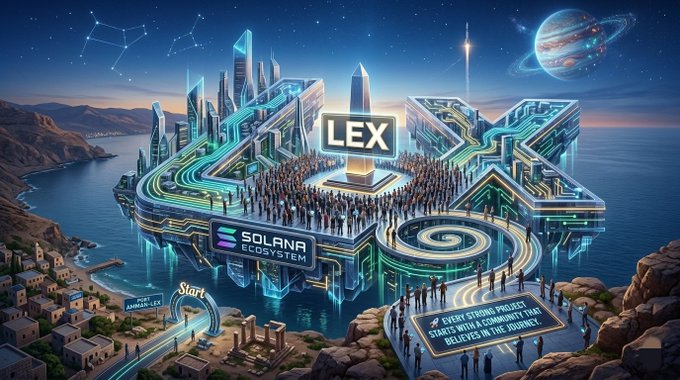 The image features an illustration of a futuristic cityscape, which appears to be a digital art piece or a poster promoting a project called LEXORCOIN (LEX) that uses the Solana ecosystem for its transactions. The city is depicted with buildings and people, showcasing the technological advancements in the area. The text accompanying the image reads: "Focus on what is in the image and how it relates to the post."