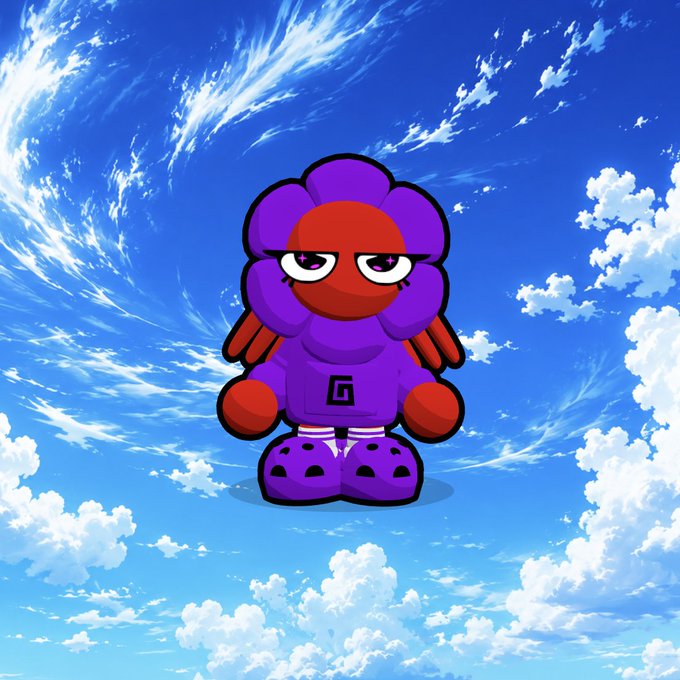 A chibi-style cartoon character with a purple flower-shaped head, red face, small wings, and purple shoes stands against a vibrant blue sky filled with swirling clouds, matching the described "flowerhead" and "wings" traits of Omen #1690. A geometric "G" logo is visible on the character's chest.