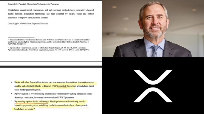 The image shows a presentation slide titled "Example 1: Patented Blockchain Technology in Payments" discussing Ripple's Blockchain Payment Network, alongside a photo of Brad Garlinghouse (Ripple's CEO) and the XRP logo. Highlighted text emphasizes that banks now use Ripple's patented blockchain-based system for international transactions, and Ripple "guarantees sole authority over its inventive payment system, prohibiting rivals from unauthorized use of comparable blockchain networks"—directly supporting the post's claim about Ripple's patent giving it a massive competitive advantage through its XRP Ledger technology.