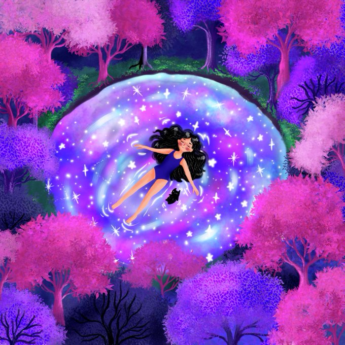 A digital illustration of a woman floating peacefully in a swirling, starry pool surrounded by pink and purple trees.