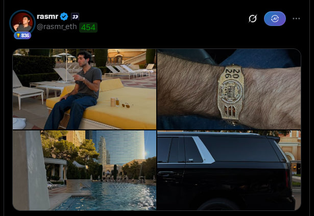 Twitter post by user 'rasmr.eth' (@rasmrn_eth) showcasing a luxury lifestyle collage featuring a man lounging poolside, a gold Patek Philippe watch, and a black SUV.