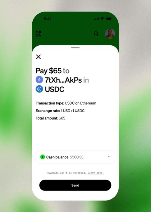 The main focus of this image is a screenshot of a mobile application called Cash App, which allows users to send and receive USDC (US dollar cryptocurrency). The app's screen displays instructions for users about sending $USDC, with options to do so via cryptocurrency exchange platforms like USDC or ether. There are two payment methods available: Paying $65 and Paying $65 to ether or Bitcoin. Additionally, there is a text that reads "CASH APP Puts $USDC IN FRONT OF 15 MILLION USERS Support for 
Ether, Pol, and ARB", indicating that the app's users are interested in using the cryptocurrency supported by the application as well. The post also mentions that Cash App has already reached 1/3 of its 60 million users who have paid $65 through the cash app, which shows the app's widespread popularity among the target audience.