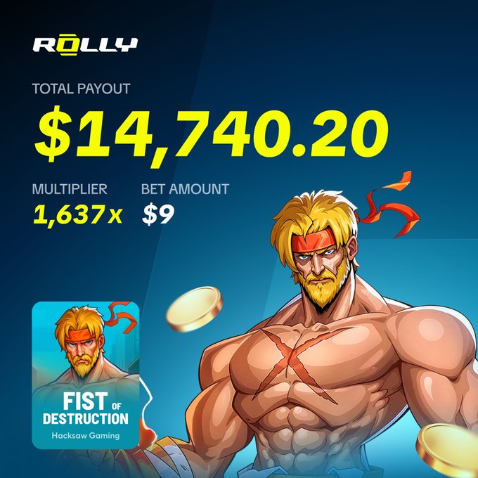 A slot machine payout screen for the game "FIST OF DESTRUCTION" by Hacksaw Gaming, showing a "TOTAL PAYOUT" of "$14,740.20" from a "$9" bet with a "1,637x" multiplier, featuring an illustration of a muscular, blonde-haired warrior with a red headband.