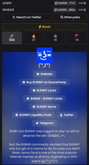 Mobile screen showing a meme token '$LENNY' tracker page with links to Website, SaucerSwap, Locks, Burns, Liquidity Pools, and social channels, referencing the Lenny Face meme.