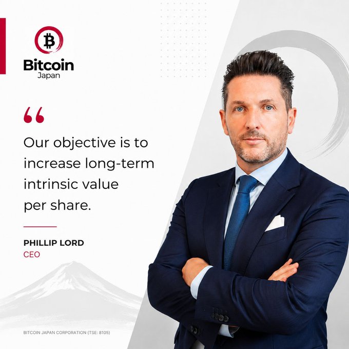 A corporate graphic for Bitcoin Japan Corporation (TSE: 8105) featuring CEO Phillip Lord, who is quoted saying "Our objective is to increase long-term intrinsic value per share," visually reinforcing the message about the company's long-term value strategy.