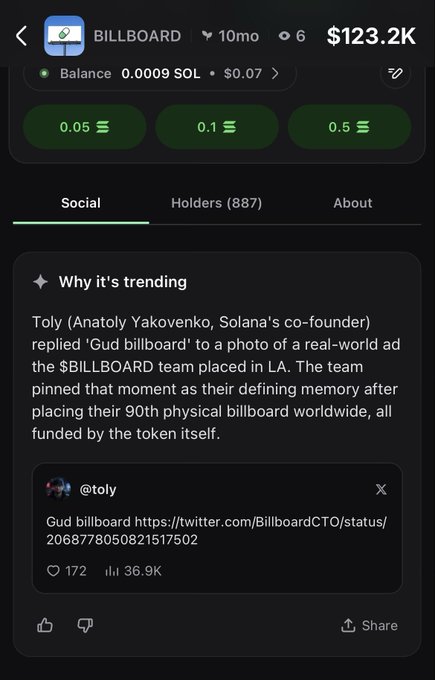 A crypto token page for $BILLBOARD with a market cap of $123.2K, showing a "Why it's trending" section referencing Toly (Anatoly Yakovenko, Solana's co-founder) replying 'Gud billboard' to a tweet about their 90th physical billboard placement.