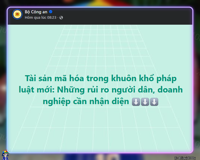 A social media post from 'Bộ Công an' (Vietnamese Ministry of Public Security) with Vietnamese text about cryptocurrency assets in the new legal framework and risks for citizens and businesses.