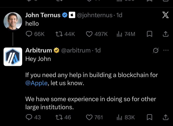 A Twitter exchange shows John Ternus posting 'hello' and the verified Arbitrum account replying with an offer to help Apple build a blockchain.