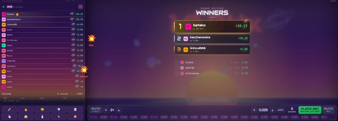 A video game interface showing a 'WINNERS' leaderboard with the top three players as 'batalo' (+10.19), 'keichamonica' (+10.13), and 'imknubble' (+6.98), with a 'PLACE BET' button visible on the right.