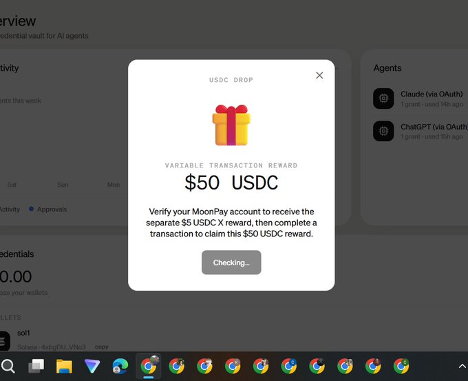 A screenshot of a 'USDC DROP' popup offering a $50 USDC variable transaction reward, instructing users to verify their MoonPay account, with a 'Checking...' status button.