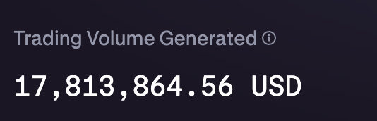 A dark screen displays the text 'Trading Volume Generated' with the figure '17,813,864.56 USD'.