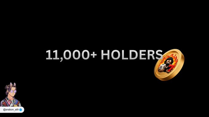 A celebratory announcement graphic on a black background displays "11,000+ HOLDERS" in white text alongside a 3D golden coin featuring a "67" logo with flames, directly illustrating the post's claim that the $67 token has reached a new milestone of over 11,000 holders.