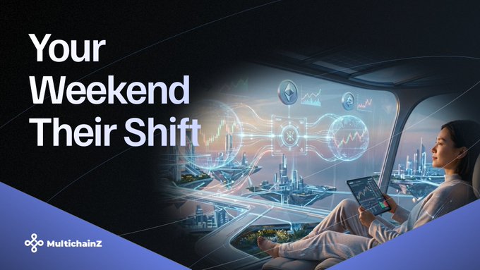 A promotional graphic for 'MultichainZ' featuring the text 'Your Weekend Their Shift' alongside an image of a woman using a tablet in a futuristic vehicle.