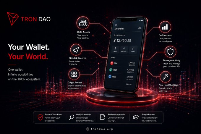 A promotional graphic for 'TRON DAO' featuring a smartphone displaying a wallet interface with a $12,450.25 balance and various crypto assets (USDT, USD1, USDC), highlighting features like Hold Assets, Send & Receive, DeFi Access, and Manage Activity.