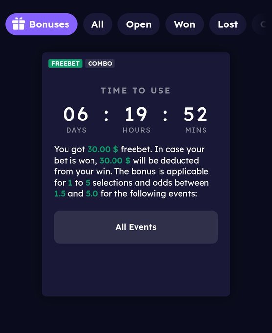A screenshot of a sportsbook "Bonuses" tab showing a $30.00 freebet offer with 6 days, 19 hours, and 52 minutes remaining, applicable to 1-5 selections with odds between 1.5 and 5.0 across all events. This image relates to the sportsbook ambassador promotion by showcasing the type of bonus features and betting offers Kizzy provides to its users.
