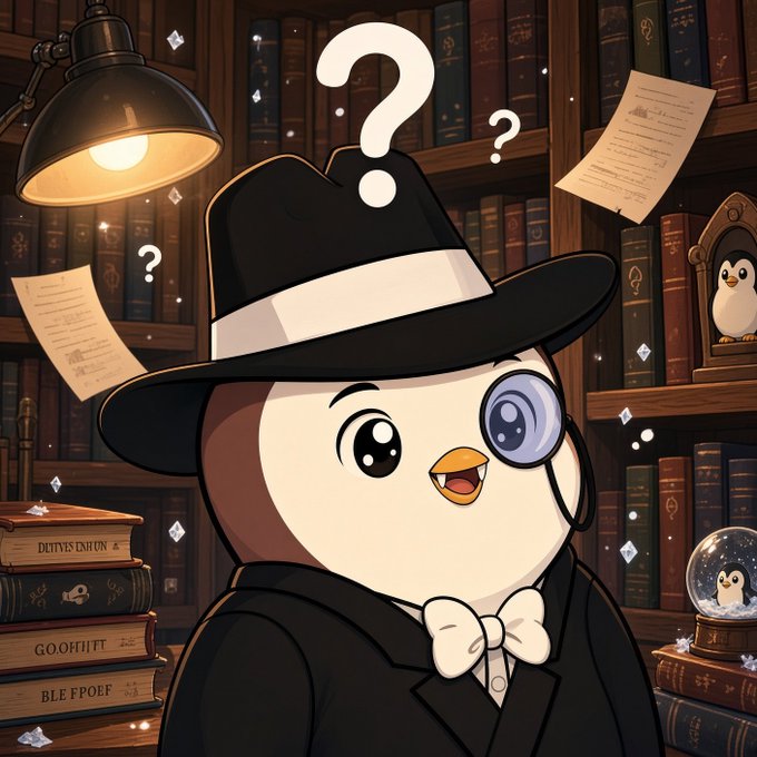 An illustration shows a cute, round penguin character dressed as a detective in a black suit and fedora with a monocle, standing in a library setting surrounded by floating question marks.
