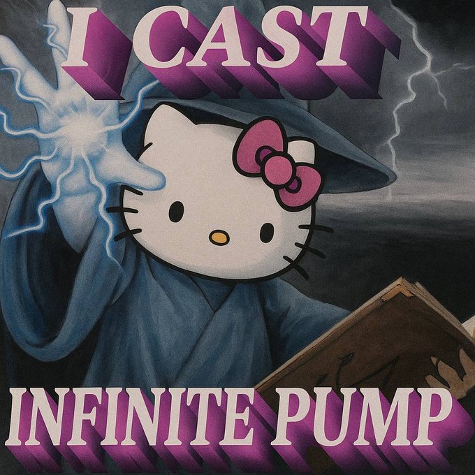 AI-generated parody artwork styled as a Magic: The Gathering card titled 'I CAST INFINITE PUMP', depicting Hello Kitty dressed as a wizard casting blue lightning magic.