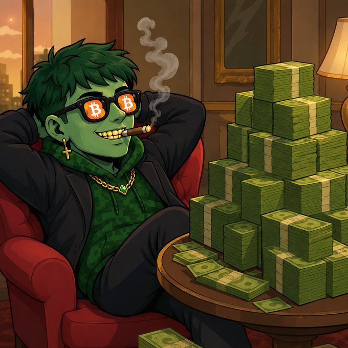 A cartoon character with green hair and skin, wearing Bitcoin-logo sunglasses, a gold chain, and a cross earring, smokes a cigar while relaxing next to a massive pyramid of cash stacks.