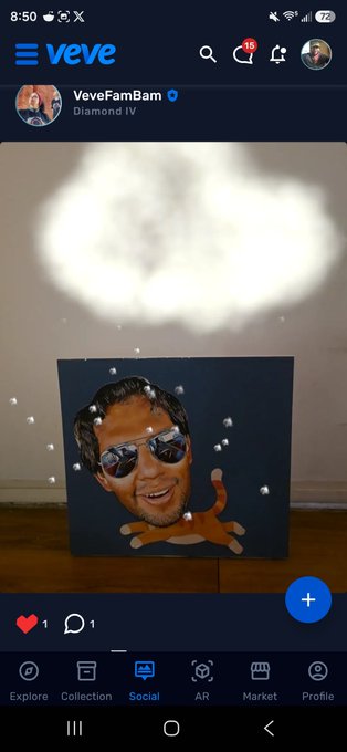 A screenshot of the 'veve' app shows a post by 'VeveFamBam' featuring an artwork of a man's face with sunglasses emerging from an orange puddle, displayed in an AR view.