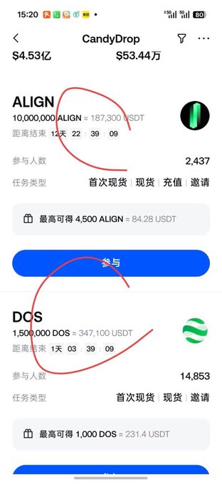 A mobile screenshot of the CandyDrop app displaying crypto token listings, with red circles highlighting 'ALIGN' (10,000,000 ALIGN ≈ 187,300 USDT) and 'DCS' (1,500,000 DOS ≈ 347,100 USDT), both with countdown timers.