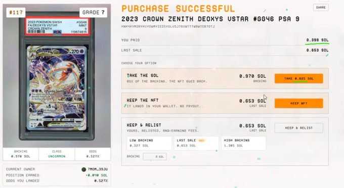 A PSA 9 2023 Crown Zenith Deoxys Vstar #0646 NFT card graded #117 displays a successful purchase screen offering cash-out options at 0.825 SOL (take the SOL) or holding the NFT, matching the post's claim of cashing out at 0.825 SOL after pulling the card for 0.4 SOL.