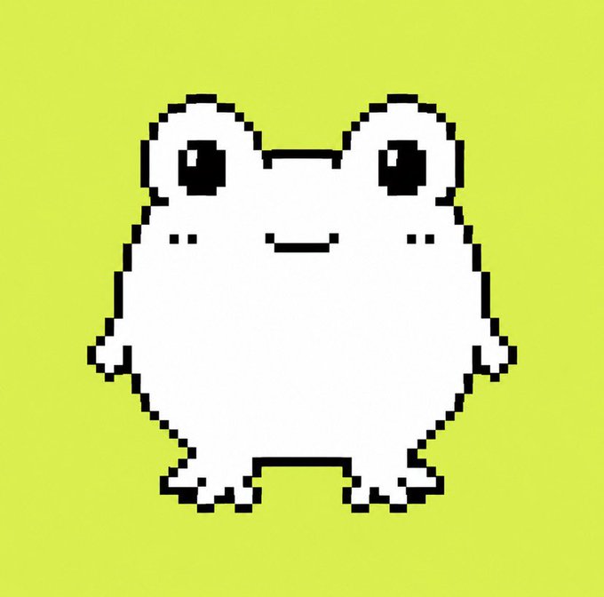 A pixel art illustration of a cute white frog character with large black eyes and a small smile on a bright lime-green background.