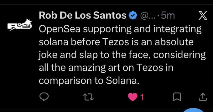 A screenshot of a tweet by Rob De Los Santos criticizing OpenSea for 'supporting and integrating solana before Tezos,' calling it 'an absolute joke and slap to the face.'