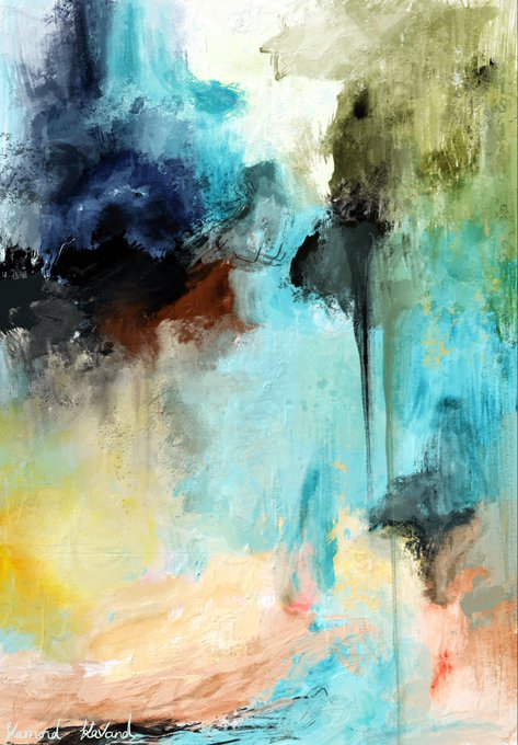 The image features a painting with blue, green, and brown colors that appear to be splattered or dripped onto each other. The artwork has an abstract style, which adds to its uniqueness. The artist's signature can be seen at the bottom of the image.