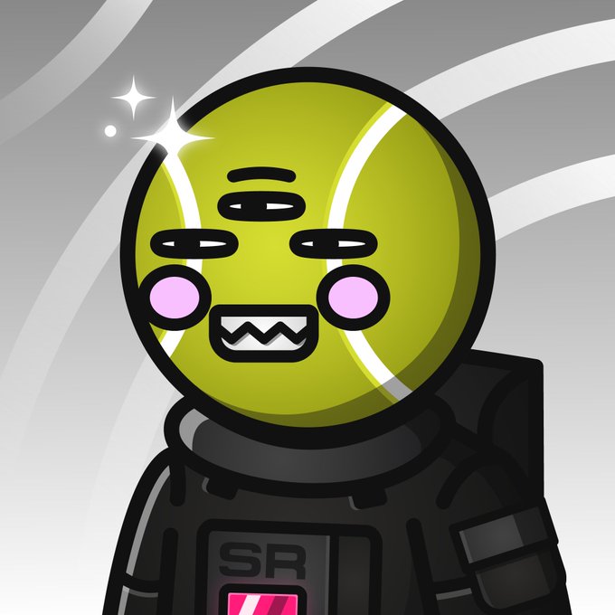 A cartoon character with a tennis ball head, featuring three eyes, pink cheeks, and a toothy grin, is shown sparkling clean while wearing a black spacesuit marked with "SR." The image illustrates the post's claim that this Space Rider NFT is the cleanest in the collection of 8,888, as depicted by the character's polished, shiny appearance.