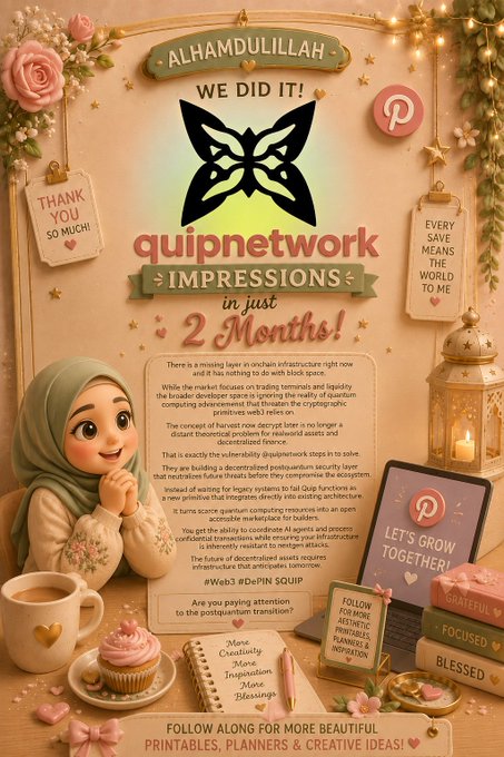 An aesthetic, celebratory social media announcement for Quipnetwork, celebrating "Impressions in just 2 Months!" with floral decorations and a butterfly logo. The image visually reinforces the post's focus on technical infrastructure by using a soft, inviting design to introduce a topic about quantum computing security in the blockchain space.